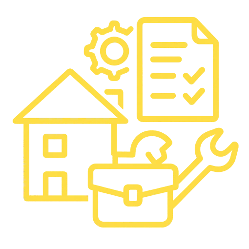 Icône représentant une maison, des outils, une mallette et un document avec des coches, symbolisant le pack tout-en- un pour la gestion locative Smart.