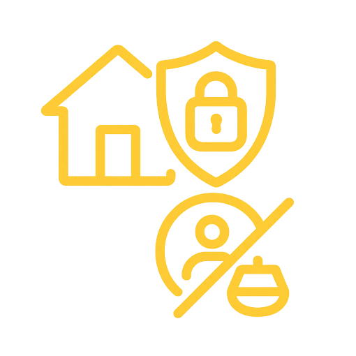 Icône représentant une maison, un bouclier avec cadenas et une icône de locataire barrée, symbolisant les garanties de sécurisation de la location.