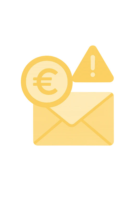 Icône représentant une enveloppe avec un symbole euro et un triangle d’alerte, illustrant la gestion proactive des impayés.