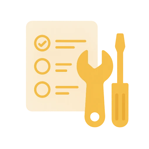 Icône représentant une check-list et des outils, symbolisant la coordination et le suivi des travaux de maintenance.