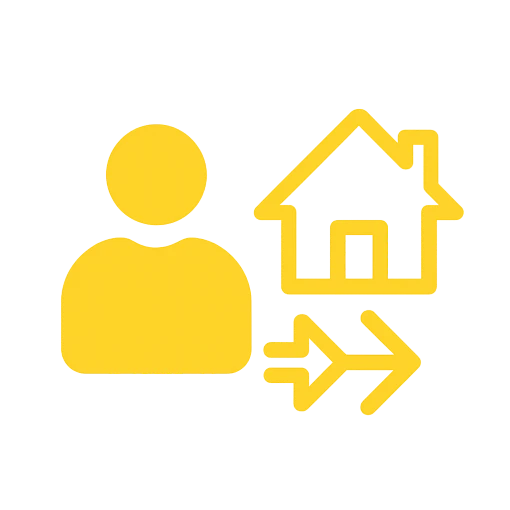 Icône représentant un locataire avec une maison et une flèche sortante, illustrant la gestion des préavis de départ.