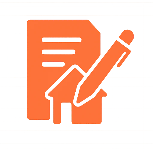 Icône représentant un document, une maison et un stylo, symbolisant la rédaction et la signature d’un bail de location.