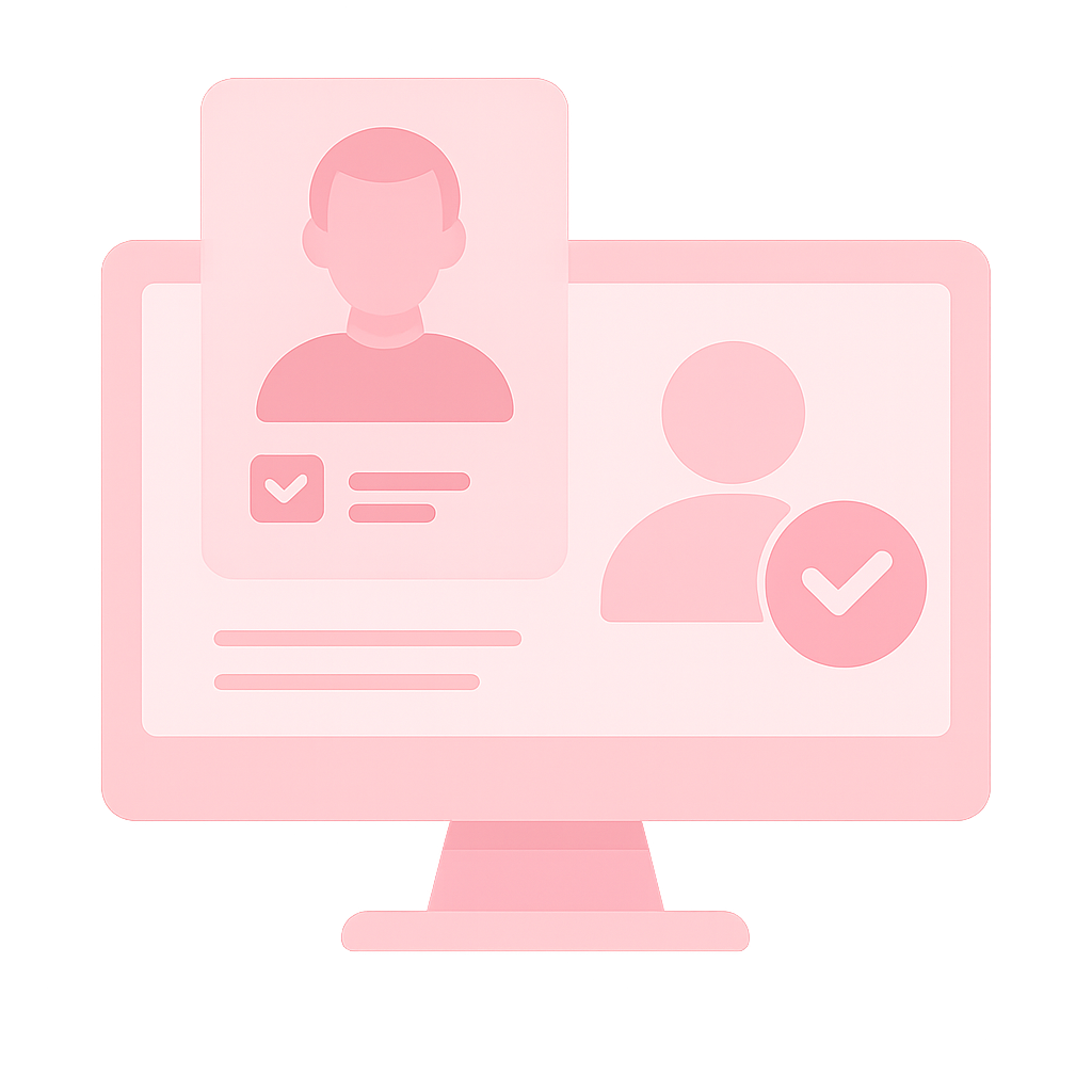 Icône représentant un écran d’ordinateur avec des fiches profils candidats et un symbole de validation.