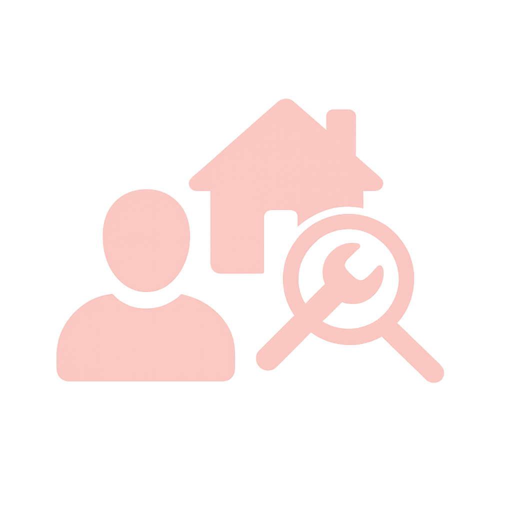 Icône représentant une personne, une maison et une loupe avec une clé à molette, illustrant l’identification proactive des besoins en travaux.
