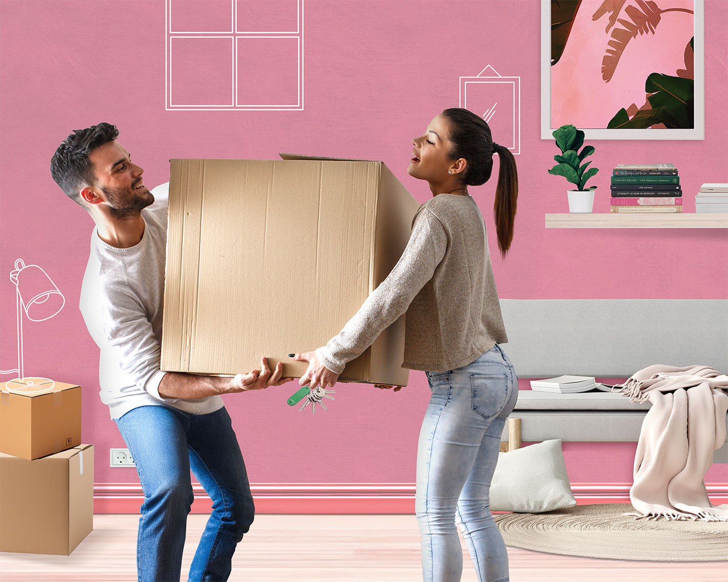Jeune femme portant un carton de déménagement dans un salon rose pour son
emménagement